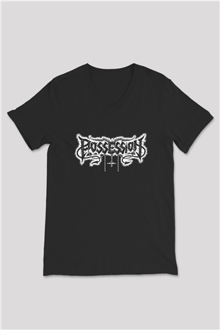 Possessed Baskılı Unisex Siyah V Yaka Tişört - Tshirt