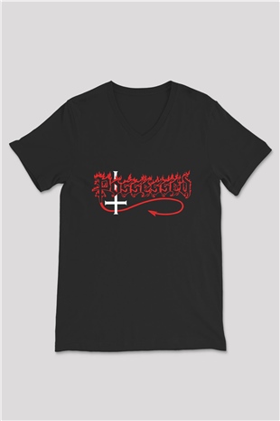 Possessed Baskılı Unisex Siyah V Yaka Tişört - Tshirt