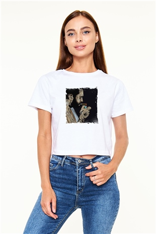 Post Malone Baskılı Beyaz Kadın Crop Top Tişört