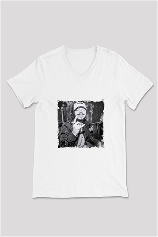Post Malone Baskılı Beyaz V Yaka Unisex Tişört