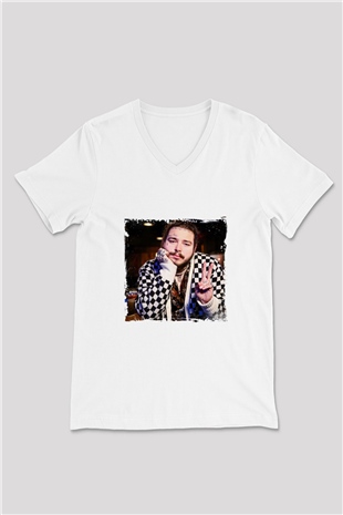 Post Malone Baskılı Beyaz V Yaka Unisex Tişört