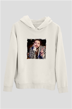 Post Malone Baskılı Unisex Beyaz Kapüşonlu Sweatshirt