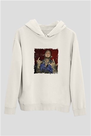 Post Malone Baskılı Unisex Beyaz Kapüşonlu Sweatshirt