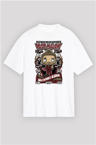 Post Malone Baskılı Unisex Beyaz Oversize Tişört