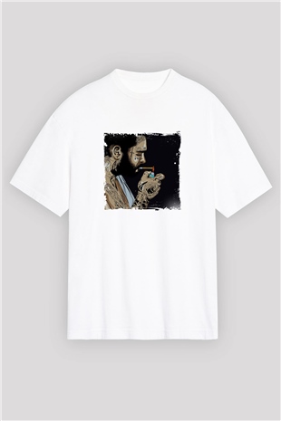 Post Malone Baskılı Oversize Beyaz Tişört
