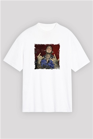 Post Malone Baskılı Oversize Beyaz Tişört