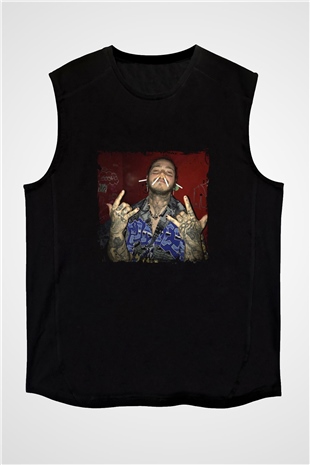 Post Malone Baskılı Unisex Siyah Kolsuz Tişört
