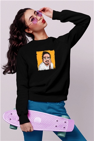 Post Malone Baskılı Unisex Siyah Sweatshirt