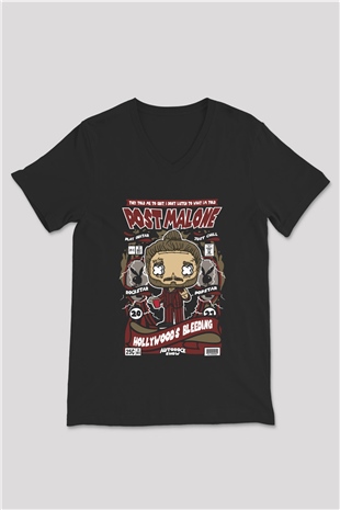 Post Malone Baskılı Unisex Siyah V Yaka Tişört
