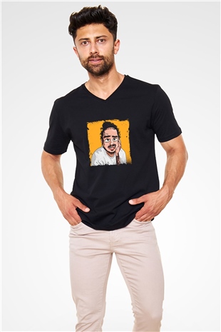 Post Malone Baskılı Unisex Siyah V Yaka Tişört
