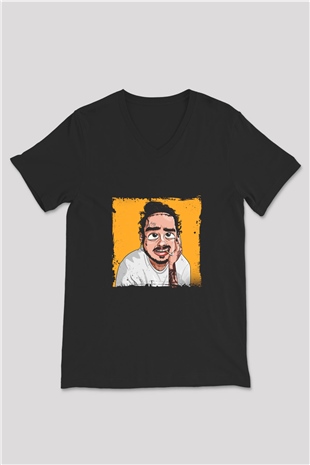 Post Malone Baskılı Unisex Siyah V Yaka Tişört
