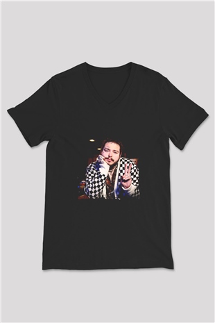 Post Malone Baskılı Unisex Siyah V Yaka Tişört