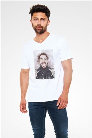 Post Malone Beyaz Unisex V Yaka Tişört