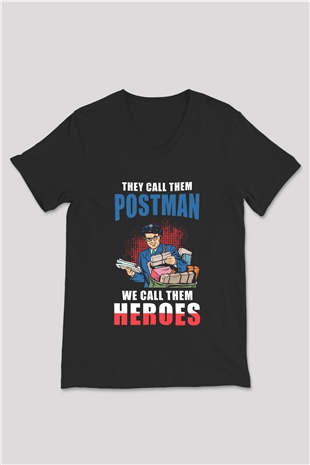 Postacı Siyah Unisex V Yaka Tişört