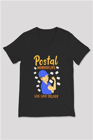 Postacı Siyah Unisex V Yaka Tişört