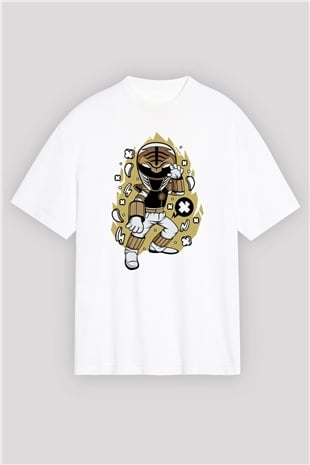 Power Ranger Baskılı Beyaz Unisex Oversize Tişört