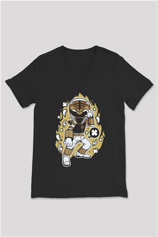 Power Ranger Baskılı Siyah Unisex V Yaka Tişört