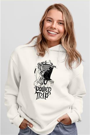 Power Trip Baskılı Beyaz Unisex Kapüşonlu Sweatshirt