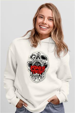 Power Trip Baskılı Beyaz Unisex Kapüşonlu Sweatshirt