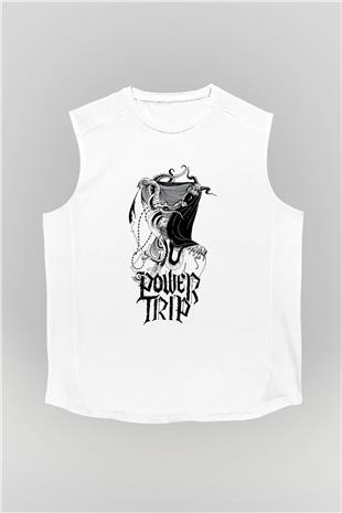 Power Trip Baskılı Beyaz Unisex Kolsuz Tişört - Tshirt