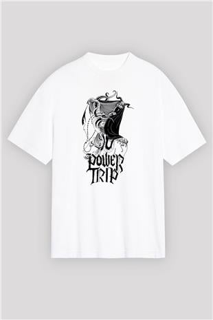 Power Trip Baskılı Beyaz Unisex Oversize Tişört - Tshirt