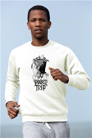 Power Trip Baskılı Beyaz Unisex Sweatshirt