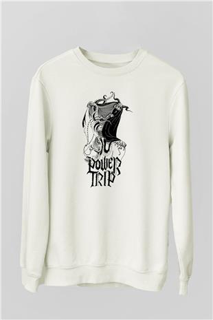 Power Trip Baskılı Beyaz Unisex Sweatshirt
