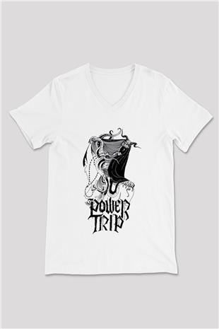 Power Trip Baskılı Beyaz Unisex V Yaka Tişört - Tshirt