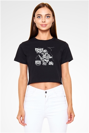 Power Trip Baskılı Siyah Crop Top Kadın Tişört - Tshirt