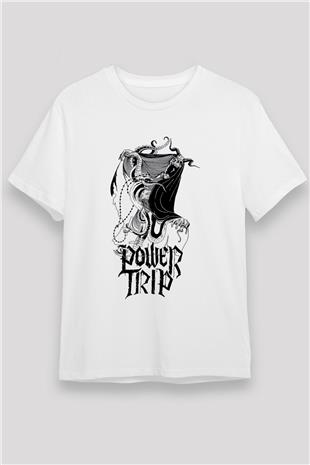 Power Trip Baskılı Unisex Beyaz Tişört - Tshirt