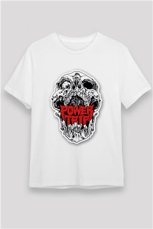 Power Trip Baskılı Unisex Beyaz Tişört - Tshirt