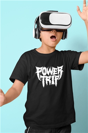 Power Trip Baskılı Unisex Siyah Çocuk Tişört - Tshirt