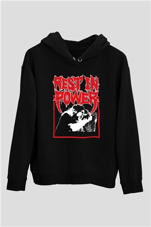 Power Trip Baskılı Unisex Siyah Kapüşonlu Sweatshirt