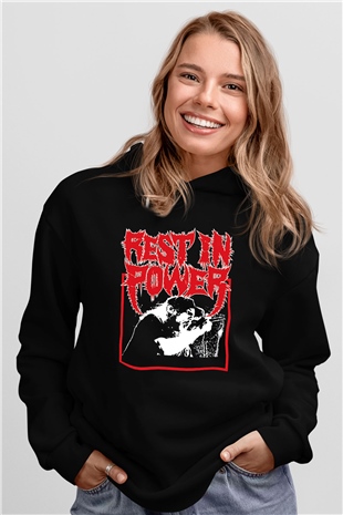 Power Trip Baskılı Unisex Siyah Kapüşonlu Sweatshirt