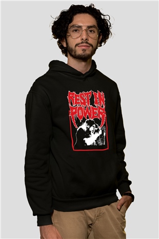 Power Trip Baskılı Unisex Siyah Kapüşonlu Sweatshirt