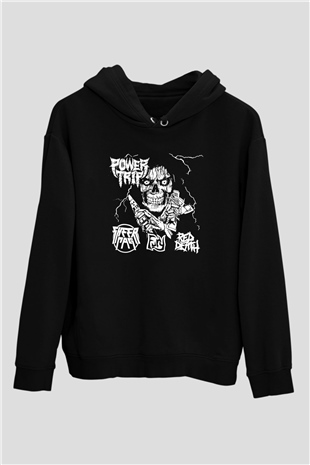 Power Trip Baskılı Unisex Siyah Kapüşonlu Sweatshirt
