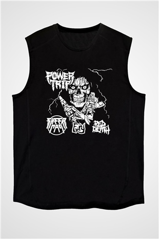 Power Trip Baskılı Unisex Siyah Kolsuz Tişört - Tshirt