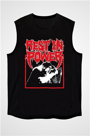 Power Trip Baskılı Unisex Siyah Kolsuz Tişört - Tshirt