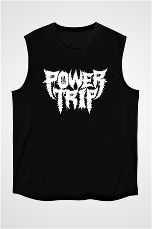 Power Trip Baskılı Unisex Siyah Kolsuz Tişört - Tshirt