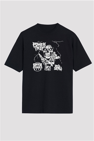 Power Trip Baskılı Unisex Siyah Oversize Tişört - Tshirt