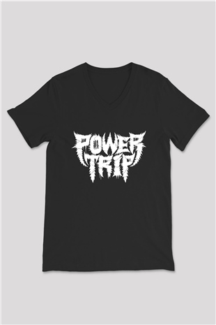 Power Trip Baskılı Unisex Siyah V Yaka Tişört - Tshirt