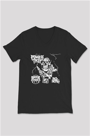 Power Trip Baskılı Unisex Siyah V Yaka Tişört - Tshirt