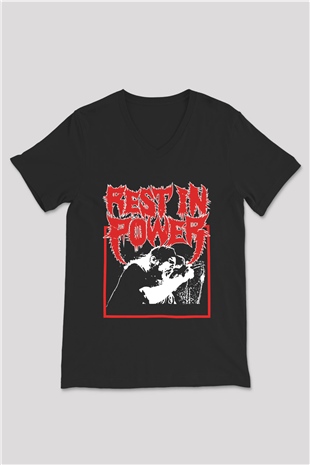Power Trip Baskılı Unisex Siyah V Yaka Tişört - Tshirt