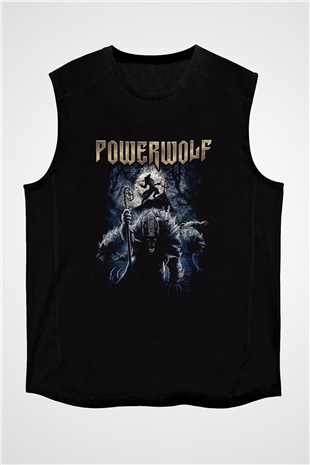 Powerwolf Baskılı Unisex Siyah Kolsuz Tişört - Tshirt