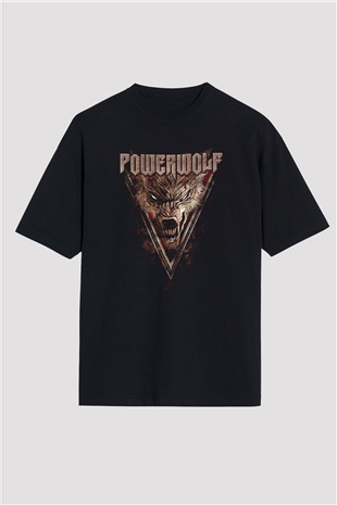 Powerwolf Baskılı Unisex Siyah Oversize Tişört - Tshirt