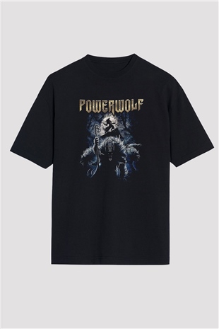 Powerwolf Baskılı Unisex Siyah Oversize Tişört - Tshirt