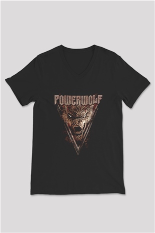 Powerwolf Baskılı Unisex Siyah V Yaka Tişört - Tshirt