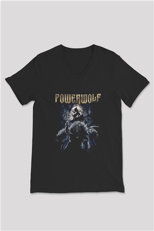 Powerwolf Baskılı Unisex Siyah V Yaka Tişört - Tshirt