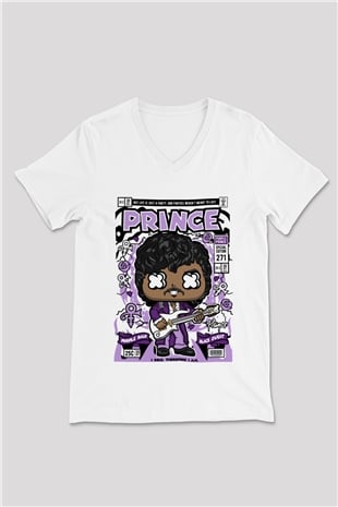 Prince Baskılı Unisex Beyaz V Yaka Tişört