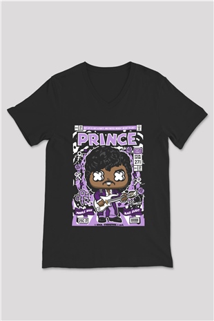 Prince Baskılı Unisex Siyah V Yaka Tişört